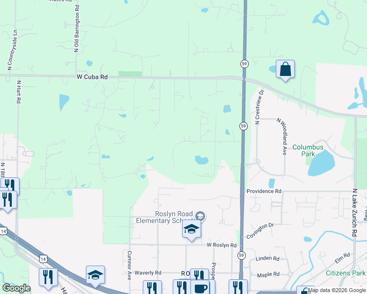 map of restaurants, bars, coffee shops, grocery stores, and more near 26021 West Sunset Road in Barrington