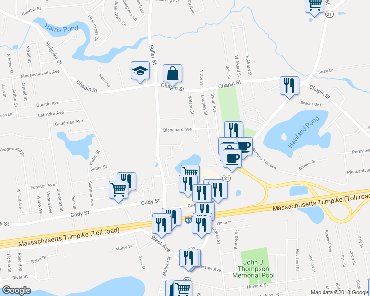 map of restaurants, bars, coffee shops, grocery stores, and more near 507 Blisswood Village Drive in Ludlow