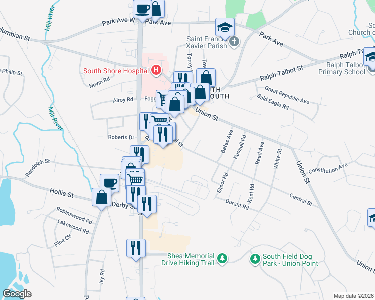 map of restaurants, bars, coffee shops, grocery stores, and more near 55 Central Street in Weymouth