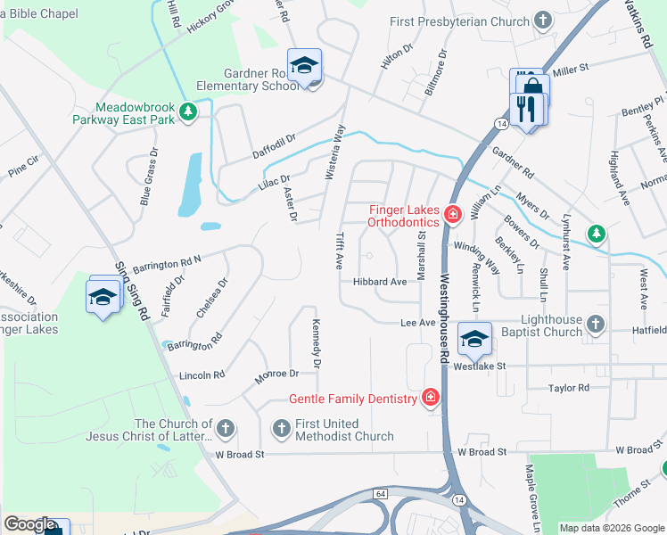 map of restaurants, bars, coffee shops, grocery stores, and more near 300-314 Hibbard Avenue in Horseheads