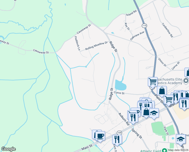 map of restaurants, bars, coffee shops, grocery stores, and more near 54-90 Ridge Street in Millis