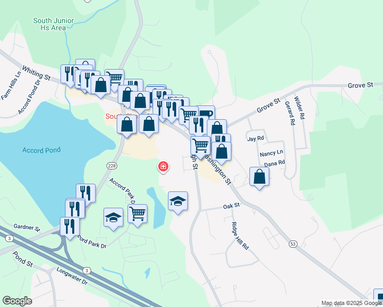 map of restaurants, bars, coffee shops, grocery stores, and more near 19 High Street in Norwell