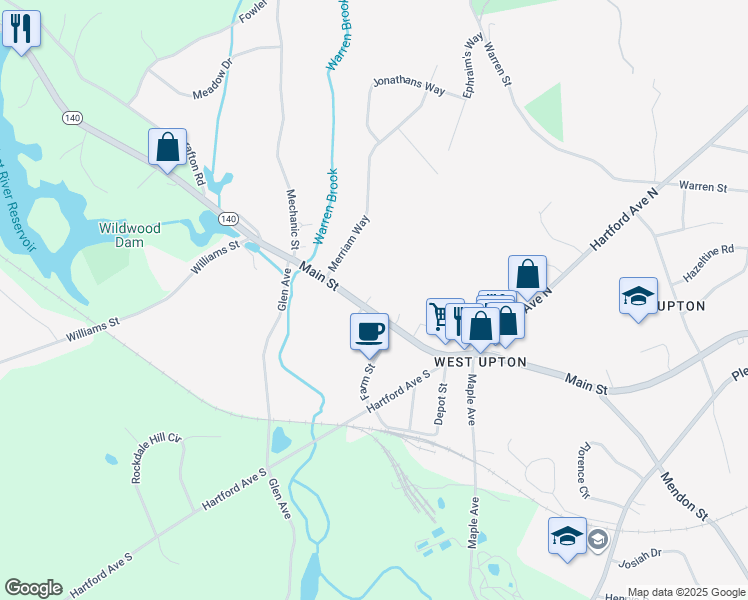map of restaurants, bars, coffee shops, grocery stores, and more near 144 Main Street in Upton