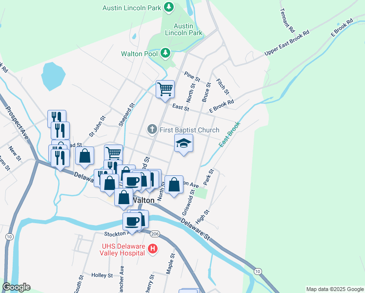map of restaurants, bars, coffee shops, grocery stores, and more near 42-66 North St in Walton