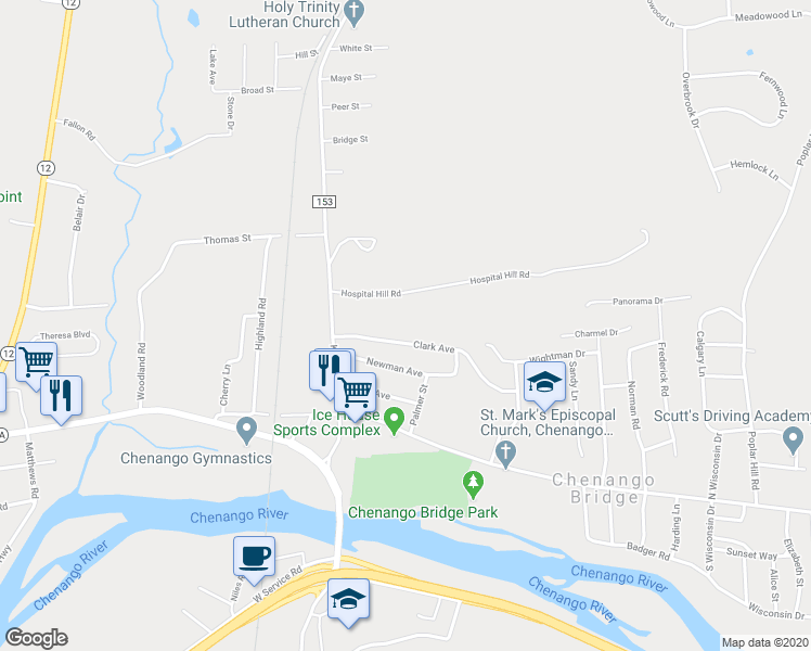 map of restaurants, bars, coffee shops, grocery stores, and more near 21 Clark Avenue in Binghamton