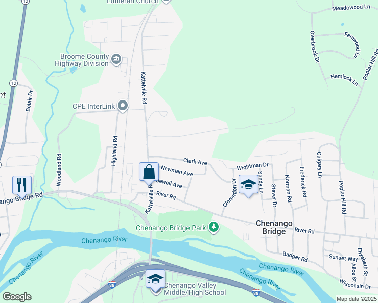 map of restaurants, bars, coffee shops, grocery stores, and more near 27 Clark Avenue in Binghamton