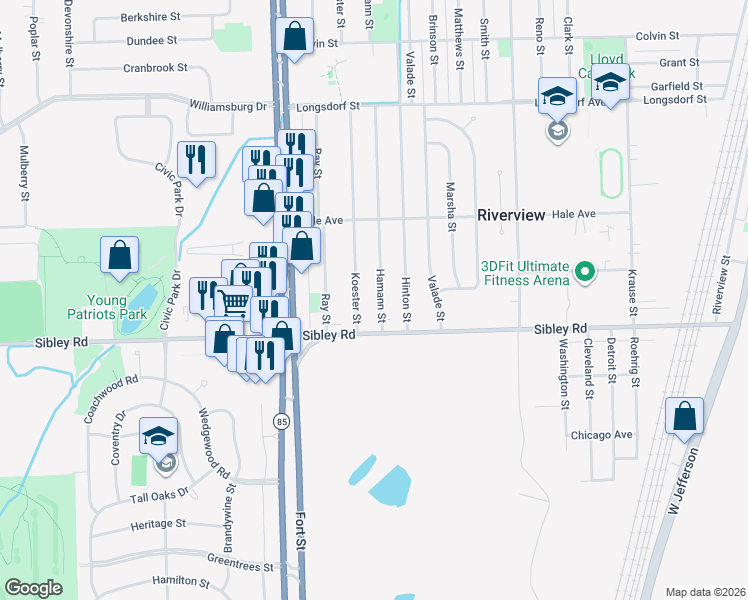map of restaurants, bars, coffee shops, grocery stores, and more near 18771 Koester Street in Riverview