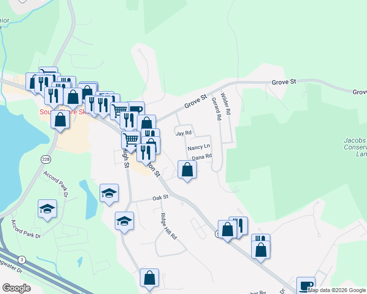 map of restaurants, bars, coffee shops, grocery stores, and more near 28 Dana Road in Norwell