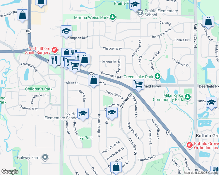 map of restaurants, bars, coffee shops, grocery stores, and more near 920 Belmar Lane in Buffalo Grove