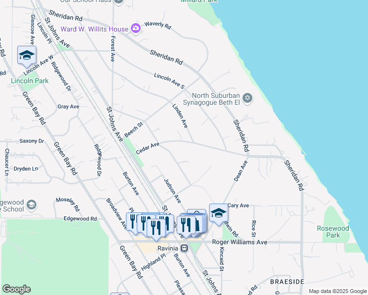 map of restaurants, bars, coffee shops, grocery stores, and more near 1005 Wade Street in Highland Park