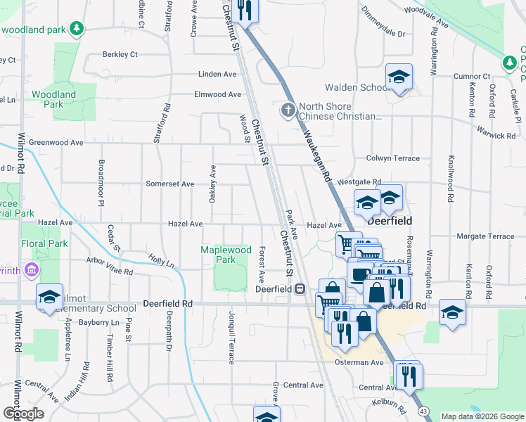 map of restaurants, bars, coffee shops, grocery stores, and more near 1001 Forest Avenue in Deerfield