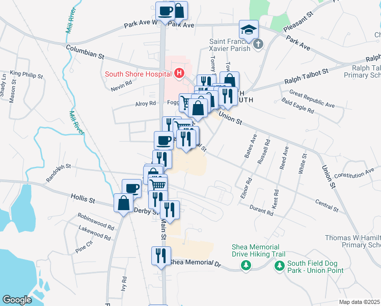 map of restaurants, bars, coffee shops, grocery stores, and more near 18 Pleasant Street in Weymouth