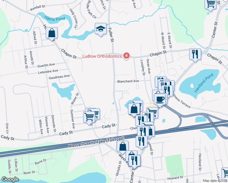 map of restaurants, bars, coffee shops, grocery stores, and more near 4 Blisswood Village Drive in Ludlow