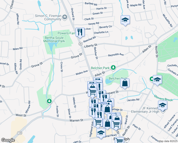 map of restaurants, bars, coffee shops, grocery stores, and more near 14 Nelson Drive in Randolph