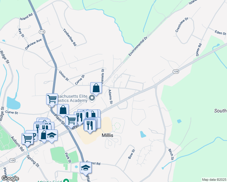 map of restaurants, bars, coffee shops, grocery stores, and more near 22 Parnell Street in Millis
