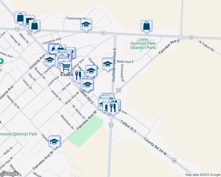 map of restaurants, bars, coffee shops, grocery stores, and more near 85 Gosfield Townline East in Essex