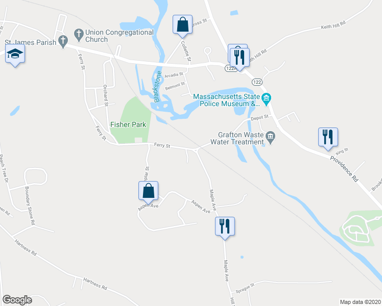 map of restaurants, bars, coffee shops, grocery stores, and more near 136 Ferry Street in Grafton