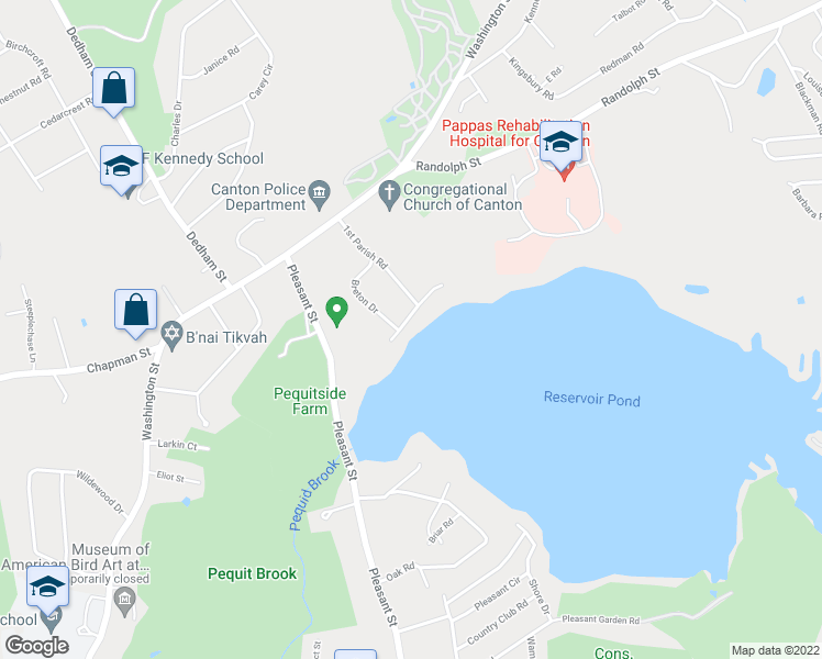 map of restaurants, bars, coffee shops, grocery stores, and more near 14 Williams Street in Canton
