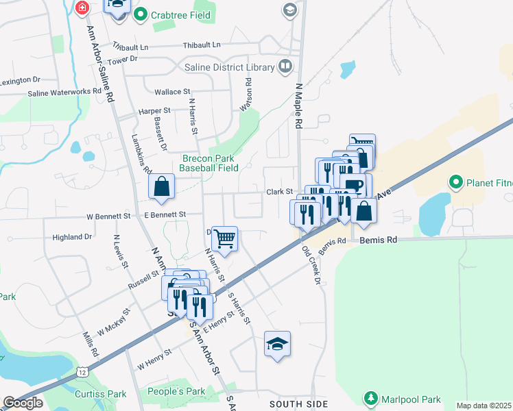 map of restaurants, bars, coffee shops, grocery stores, and more near 274 Clark Street in Saline