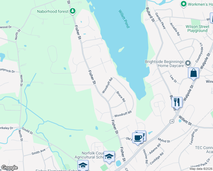 map of restaurants, bars, coffee shops, grocery stores, and more near 55 Woodruff Road in Walpole