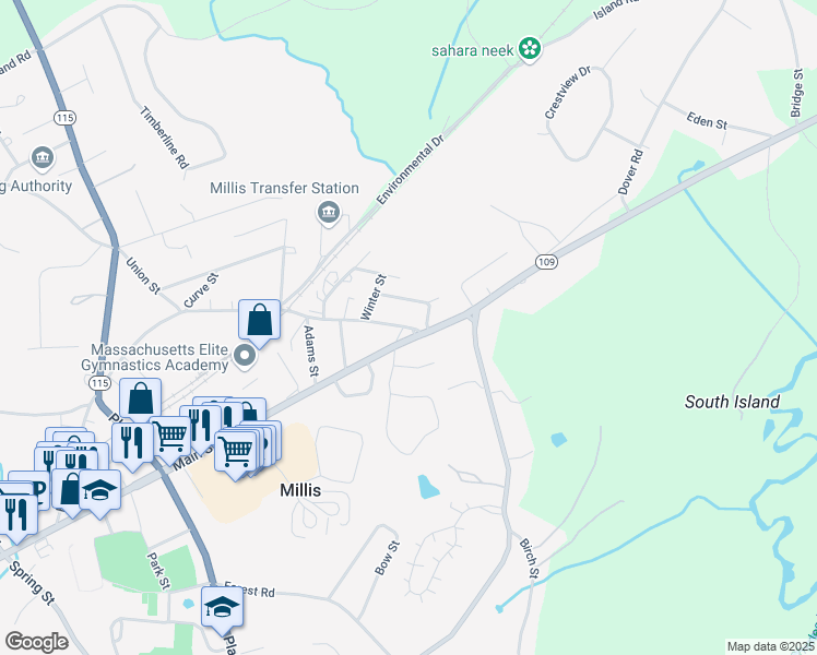 map of restaurants, bars, coffee shops, grocery stores, and more near 16 Union Street in Millis