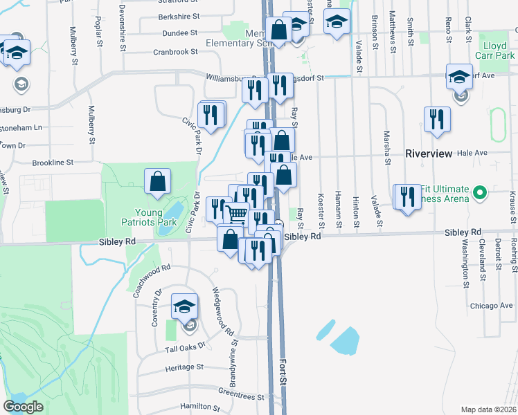 map of restaurants, bars, coffee shops, grocery stores, and more near 18718 Fort Street in Riverview
