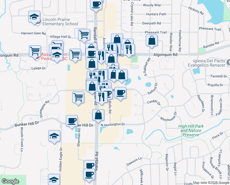 map of restaurants, bars, coffee shops, grocery stores, and more near 265 Stonegate Road in Algonquin