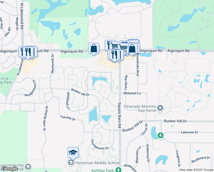 map of restaurants, bars, coffee shops, grocery stores, and more near 4140 Whitehall Lane in Algonquin