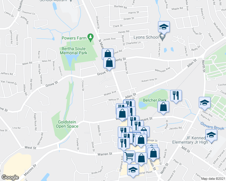 map of restaurants, bars, coffee shops, grocery stores, and more near 458 North Main Street in Randolph