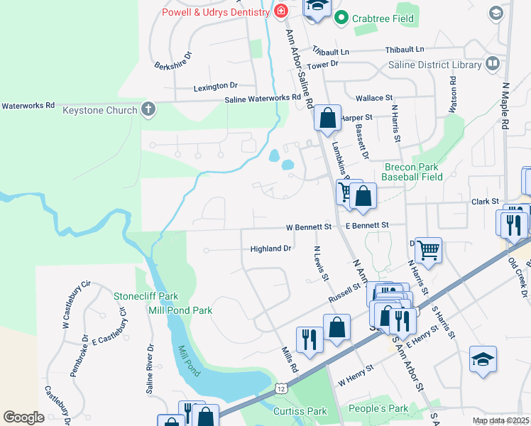 map of restaurants, bars, coffee shops, grocery stores, and more near 658 Hickory Lane in Saline