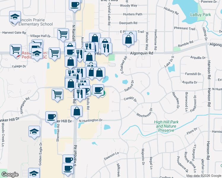 map of restaurants, bars, coffee shops, grocery stores, and more near 255 Stonegate Road in Algonquin