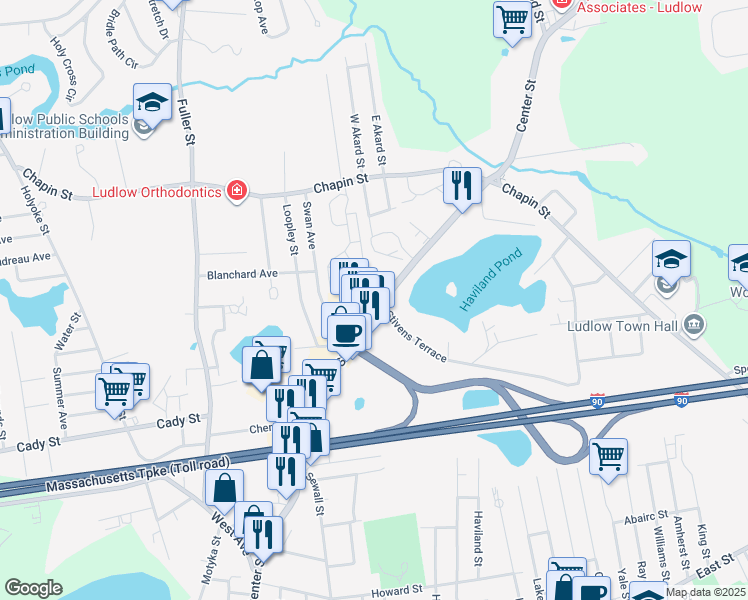 map of restaurants, bars, coffee shops, grocery stores, and more near 497 Center Street in Ludlow