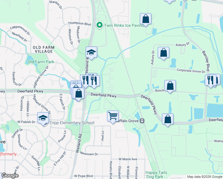 map of restaurants, bars, coffee shops, grocery stores, and more near 1112 Windbrooke Drive in Buffalo Grove