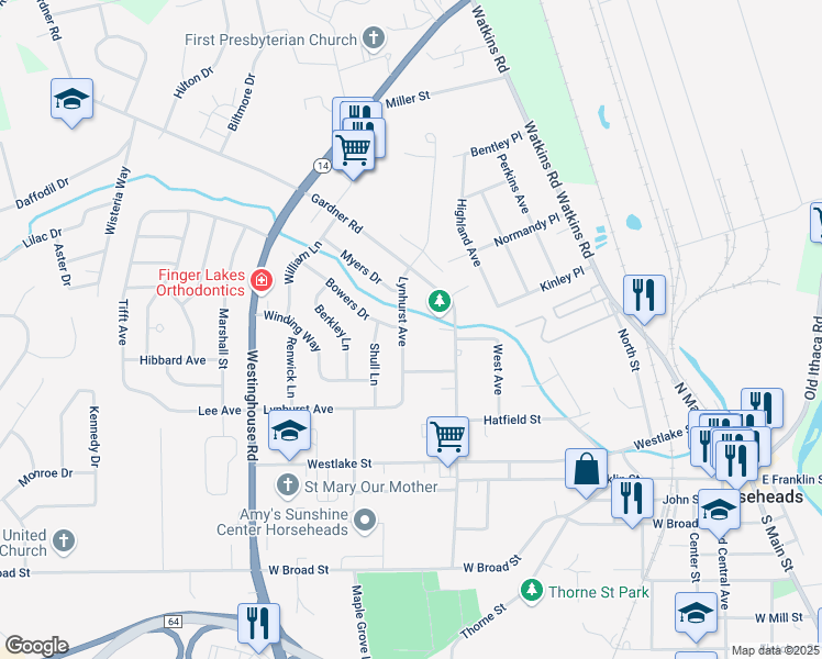 map of restaurants, bars, coffee shops, grocery stores, and more near 407 Lynhurst Avenue in Horseheads