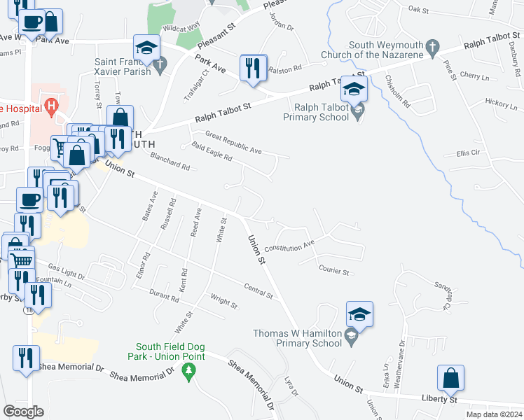 map of restaurants, bars, coffee shops, grocery stores, and more near 25 May Terrace in Weymouth