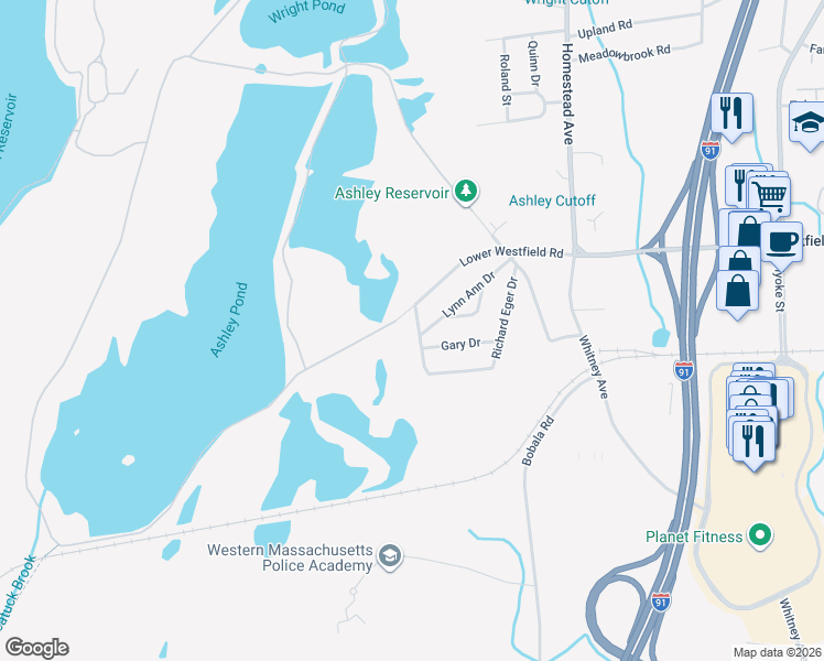 map of restaurants, bars, coffee shops, grocery stores, and more near 75 Richard Eger Drive in Holyoke