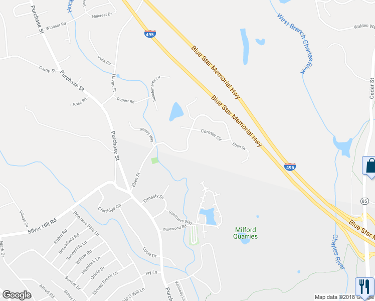 map of restaurants, bars, coffee shops, grocery stores, and more near 25 Eben Street in Milford