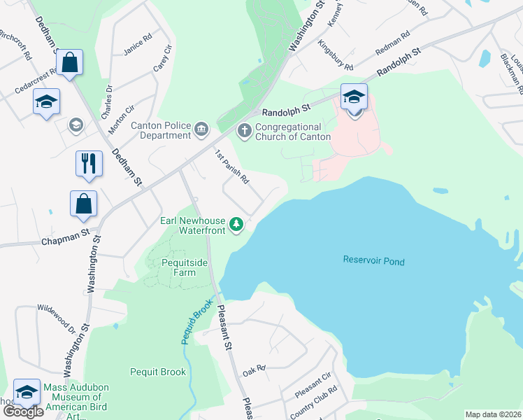 map of restaurants, bars, coffee shops, grocery stores, and more near 37 1st Parish Road in Canton