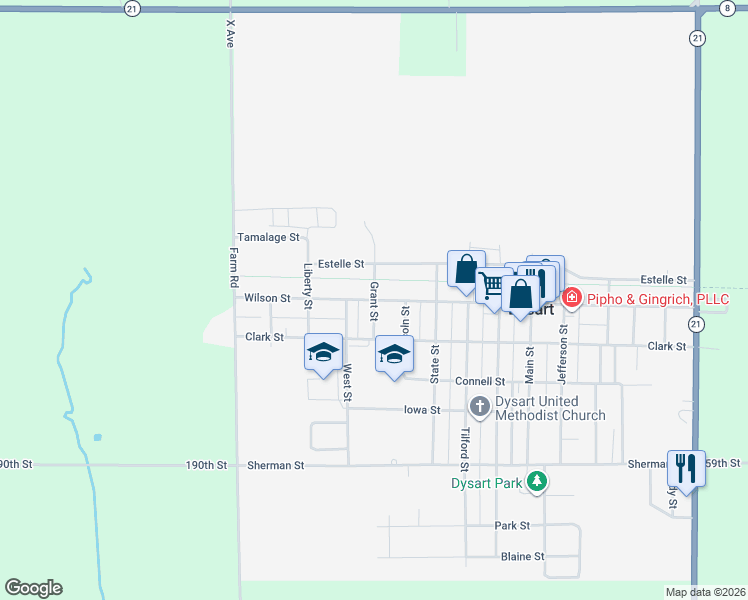 map of restaurants, bars, coffee shops, grocery stores, and more near Grant St in Dysart
