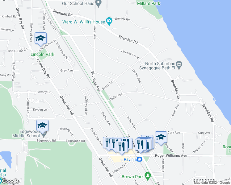 map of restaurants, bars, coffee shops, grocery stores, and more near 441 Cedar Avenue in Highland Park