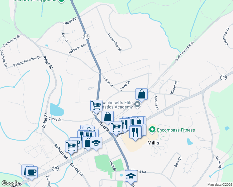 map of restaurants, bars, coffee shops, grocery stores, and more near 67 Curve Street in Millis