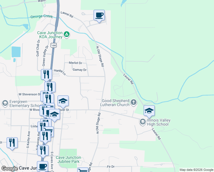 map of restaurants, bars, coffee shops, grocery stores, and more near 861 North Old Stage Road in Cave Junction