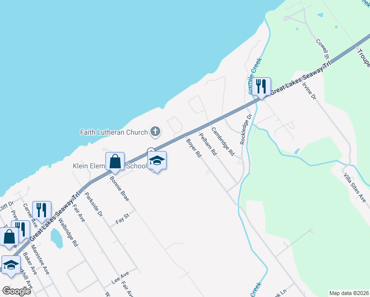 map of restaurants, bars, coffee shops, grocery stores, and more near 5453 East Lake Road in Erie