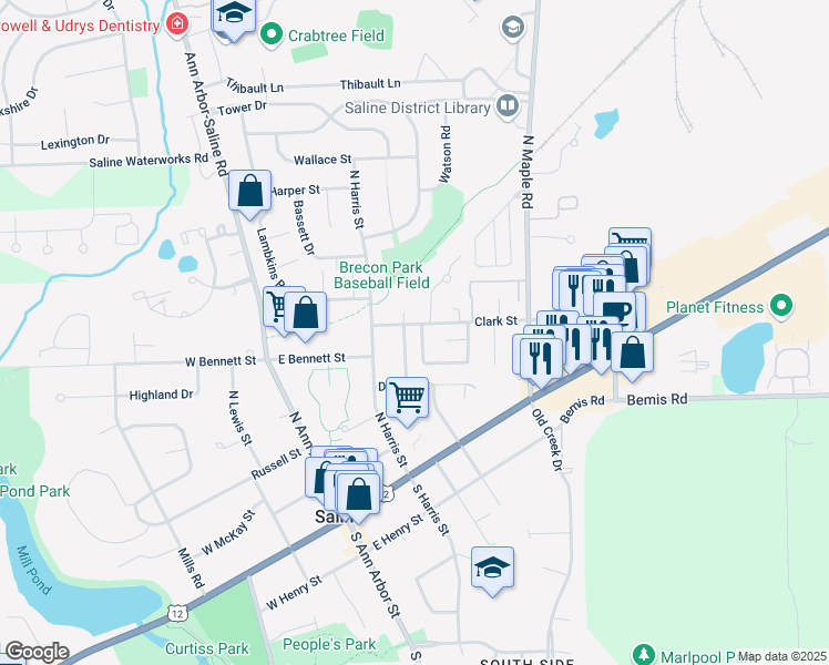 map of restaurants, bars, coffee shops, grocery stores, and more near 452 Park Place in Saline
