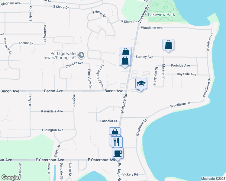 map of restaurants, bars, coffee shops, grocery stores, and more near 1605 Bacon Avenue in Portage