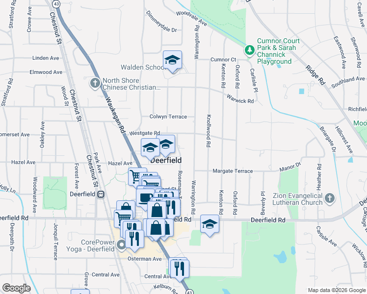 map of restaurants, bars, coffee shops, grocery stores, and more near 605 Westgate Road in Deerfield