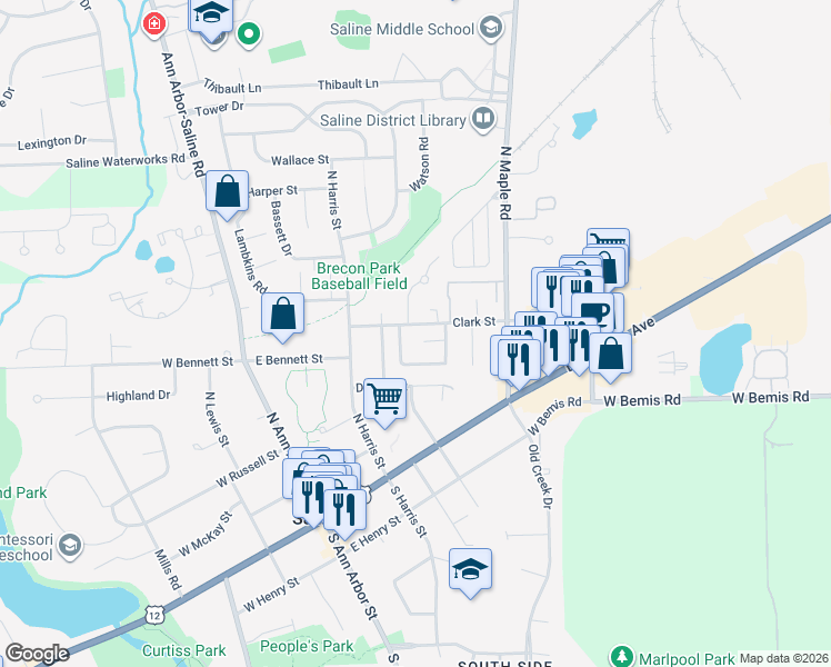 map of restaurants, bars, coffee shops, grocery stores, and more near 452 Park Place in Saline