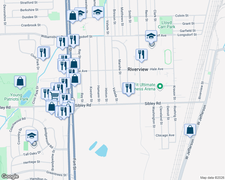 map of restaurants, bars, coffee shops, grocery stores, and more near 18650 Valade Street in Riverview