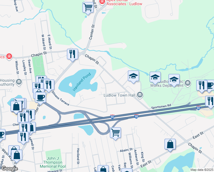 map of restaurants, bars, coffee shops, grocery stores, and more near 24 Chapin Circle in Ludlow