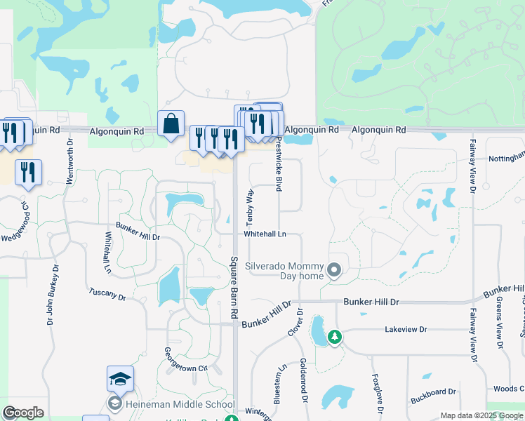 map of restaurants, bars, coffee shops, grocery stores, and more near 6 Queensbury Court in Algonquin